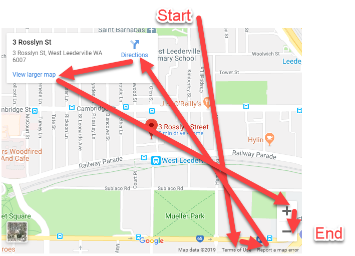 Google map screenshot with arrows showing focus path, described in paragraph above.