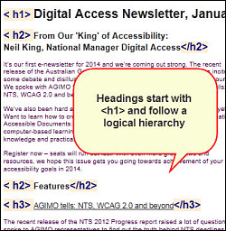 Screenshot showing that headings follow a logical hierarchy, are preceded by an opening heading tag and followed by a closing heading tag. For example <h2>Features</h2>