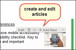 The template toolbar features buttons to easily create, edit and reposition articles. 