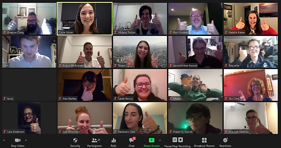 "LEAP 2020 participants, Angus from LinkedIn and several VA staff members all give a thumbs up in a zoom video call"