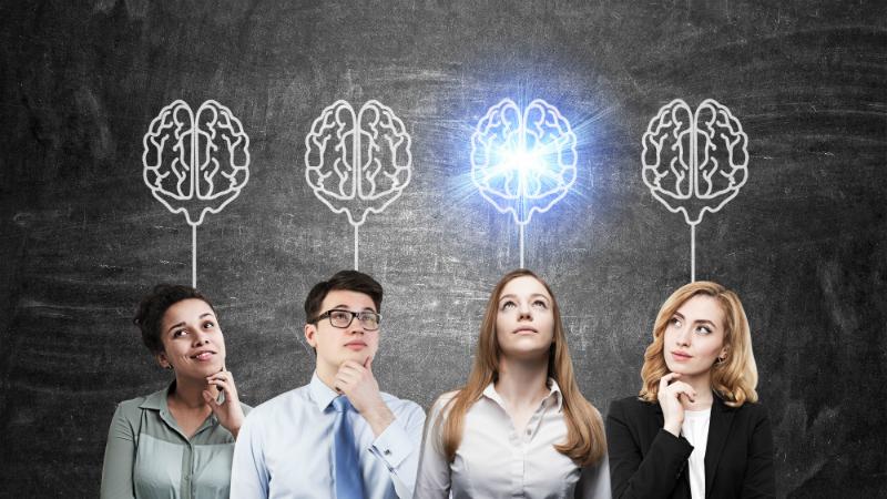 Four people thinking, animated image of a brain above all four. Woman second from the right is looking up at her brain drawing, the brain is lit up
