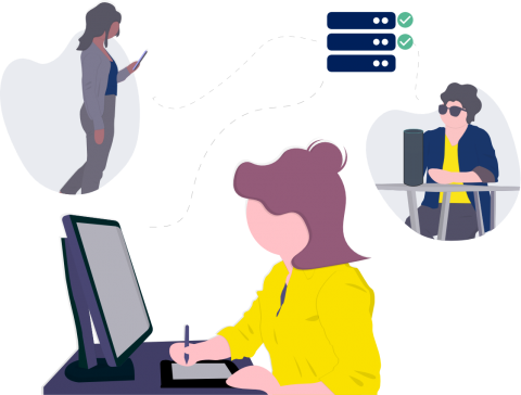 Cartoon person on phone, computer, and a third at a desk with a braille keyboard