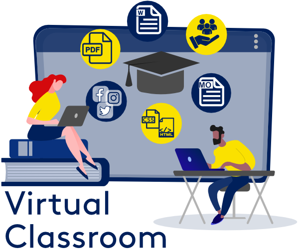 Text: Virtual Classroom. Icon graphics including a woman using a laptop on her lap, a man at a desk using a laptop, and icons including Word doc, CSS, HTML, PDF, Facebook, Twitter and Instagram logos.