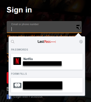 Figure 11: The Netflix login form allows auto-filling using "LastPass", a common password management extension for web browsers. Netflix also allows logging in through Facebook.