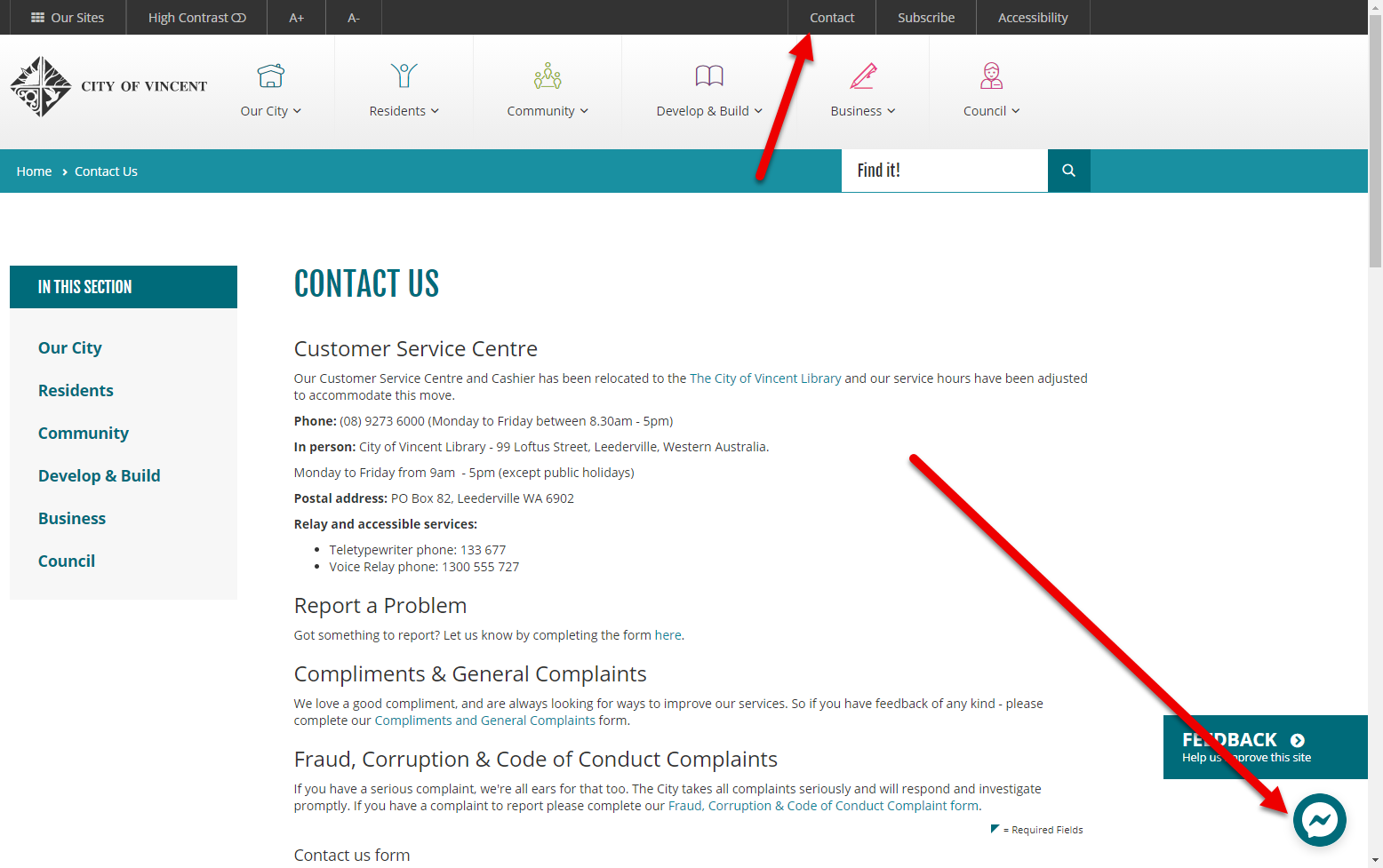 Figure 8: The City of Vincent website has a "Contact" link always findable in the website's header, and it also has a direct human contact mechanism always at the bottom right of the website.