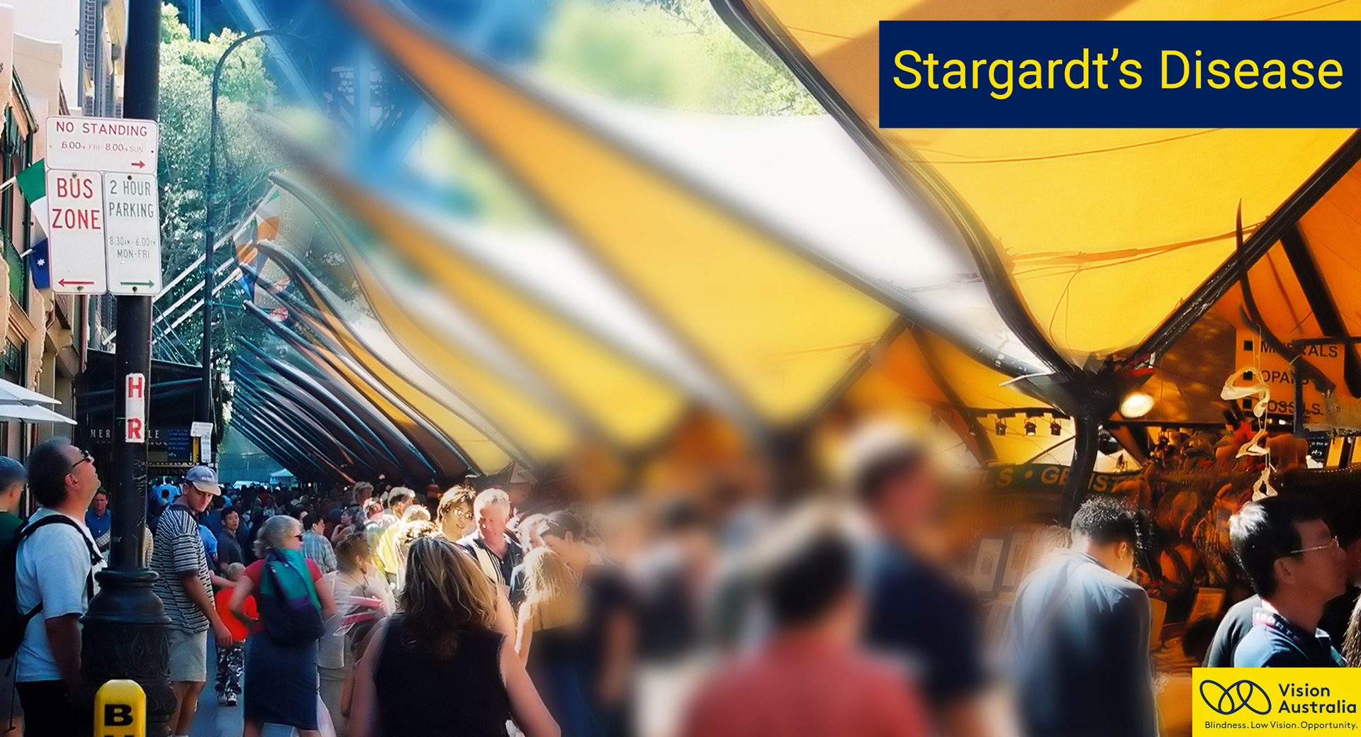 Simulation image of how stargardt's disease affects vision. Scene has middle area blurred.