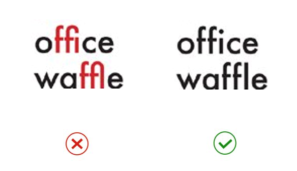 The text ‘office waffle’ is shown in a typeface with ligatures between the letters ‘f and i’ in ‘office’ and ‘f’ and ‘l’ in waffle. The ligatures are highlighted in red. To the right of the image, the same words are shown in a similar typeface without ligatures. The typeface without ligatures is easier to read.