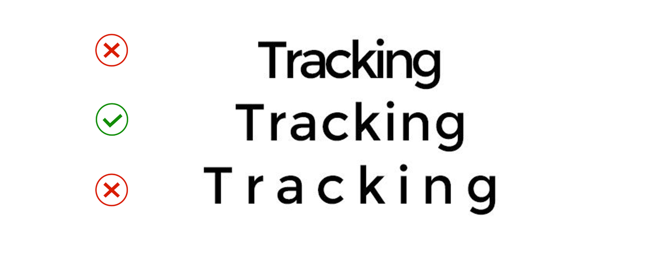 The word ‘tracking’ is shown three times. At the top of the image the tracking between letters is too tight, causing letters to touch. In the middle of the image the word is shown in optimal tracking and is the easiest to read. At the bottom of the image the word is shown in tracking that is too loose. The excessive white space between letters makes it more difficult to read.